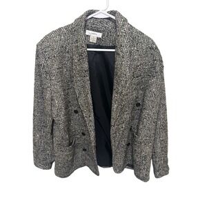Pellini Womens Wool Blend Tweed Blazer Double Breasted Black Size 40